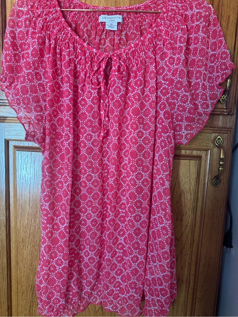 Liz Claiborne Coral-Pink Printed Peasant Blouse